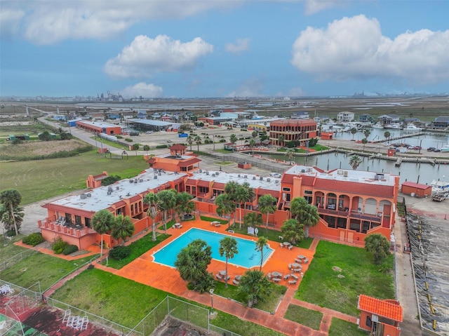 birds eye view of property featuring a water view