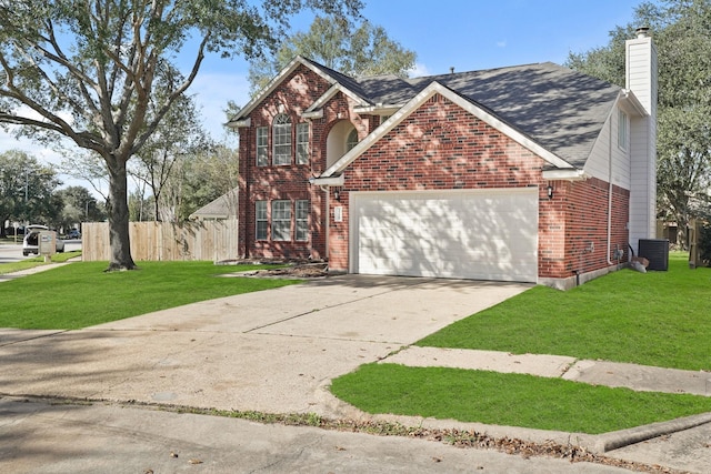 front facade with a front yard, a garage, and central AC unit