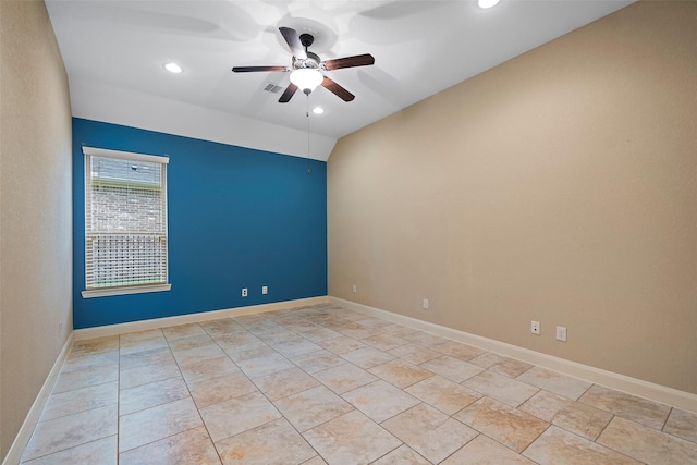 empty room featuring recessed lighting, lofted ceiling, visible vents, a ceiling fan, and baseboards