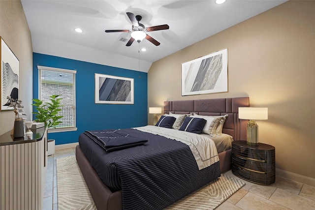 bedroom featuring light tile patterned floors, baseboards, a ceiling fan, and recessed lighting