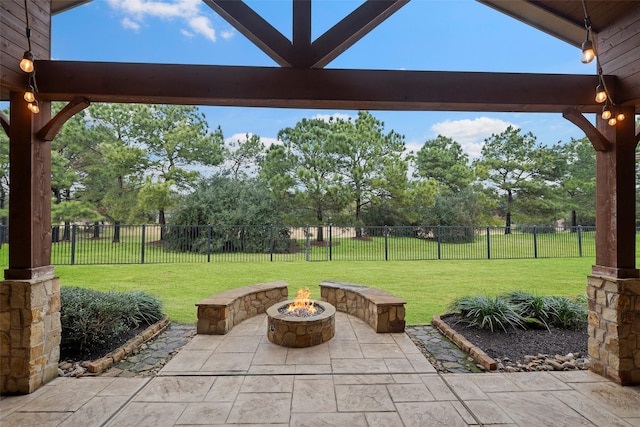 view of patio with a fenced backyard and a fire pit