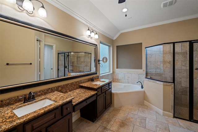 bathroom featuring lofted ceiling, vanity, ornamental molding, and plus walk in shower