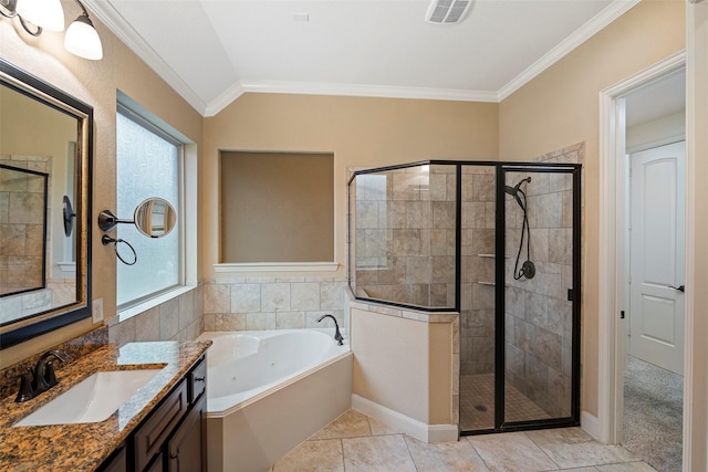 bathroom with lofted ceiling, crown molding, shower with separate bathtub, vanity, and plenty of natural light