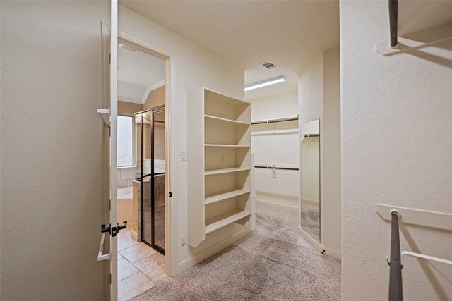 walk in closet with light colored carpet