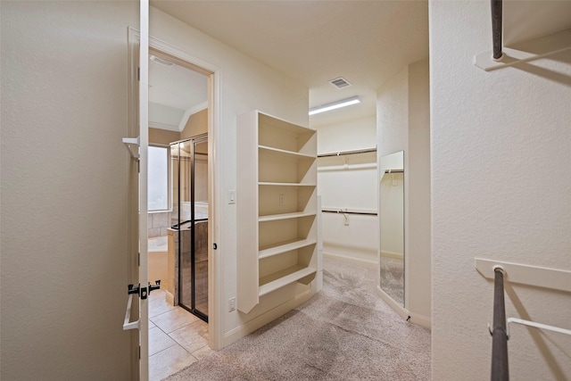 spacious closet featuring light colored carpet and visible vents