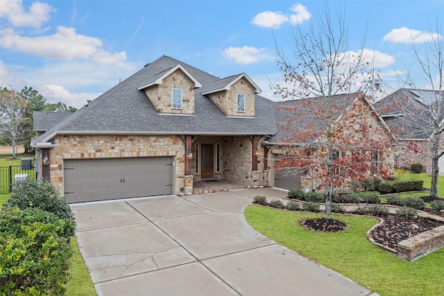 view of front of house featuring a garage, a shingled roof, concrete driveway, stone siding, and a front lawn