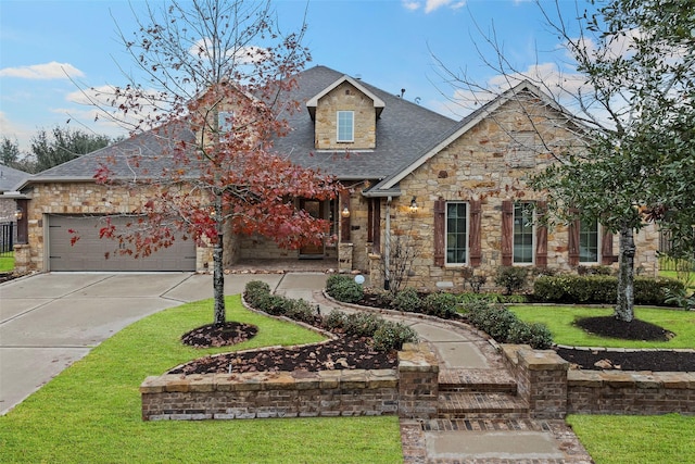 view of front facade with driveway, stone siding, an attached garage, and a front lawn