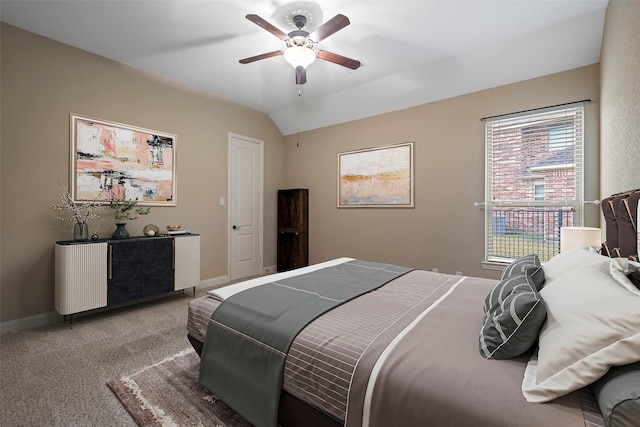 bedroom with carpet, a ceiling fan, vaulted ceiling, access to outside, and baseboards