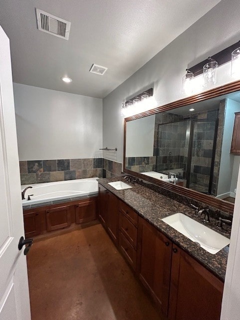 bathroom with vanity and plus walk in shower