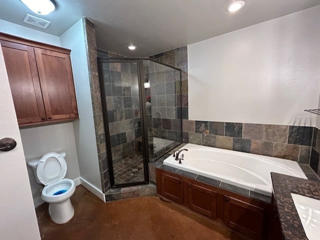 full bathroom featuring vanity, separate shower and tub, and toilet