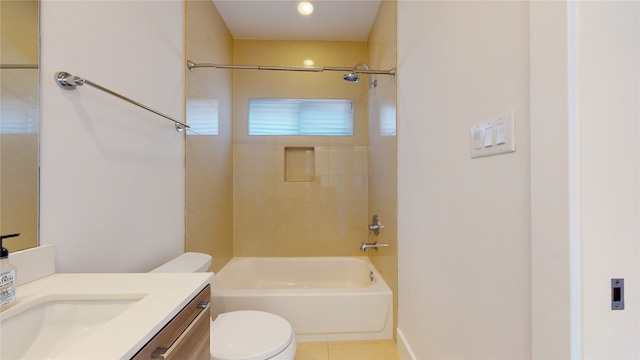 full bathroom featuring vanity, bathtub / shower combination, tile patterned floors, and toilet