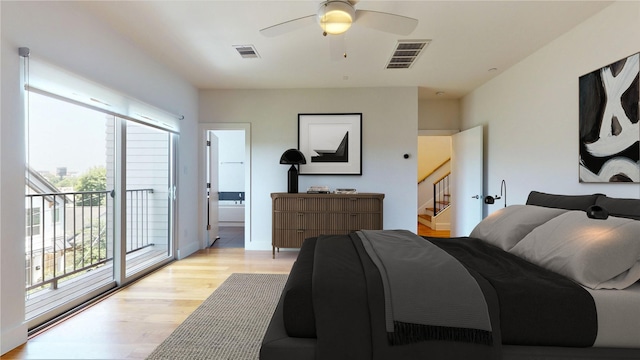 bedroom with light hardwood / wood-style flooring, connected bathroom, access to outside, and ceiling fan