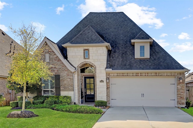 french provincial home featuring a front yard and a garage