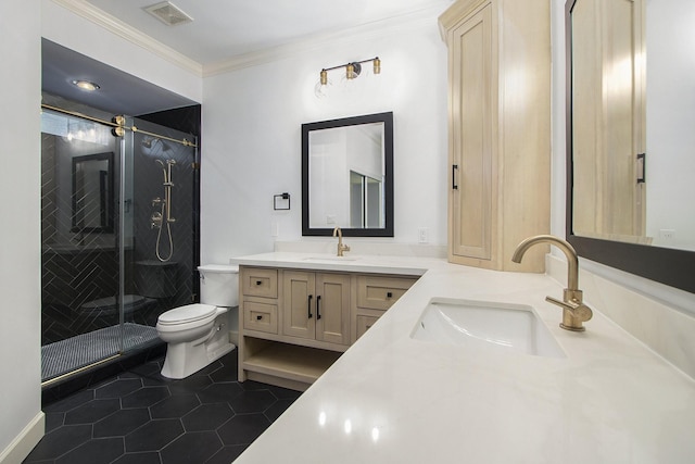 bathroom with toilet, vanity, tile patterned floors, and a shower with door