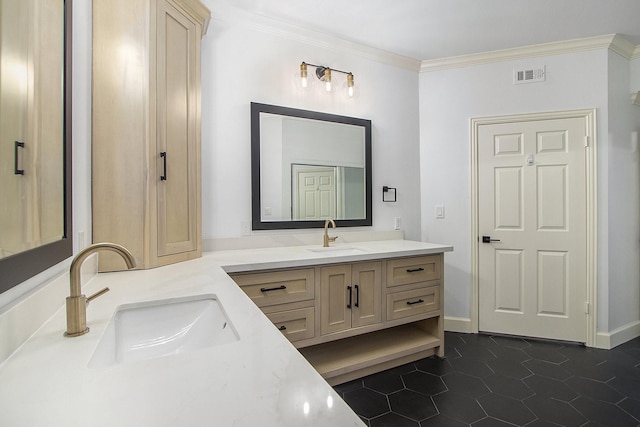 bathroom with tile patterned floors, vanity, and ornamental molding