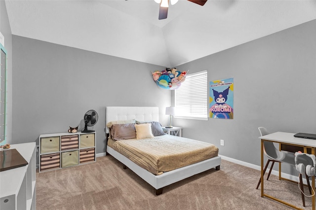 carpeted bedroom with ceiling fan and lofted ceiling