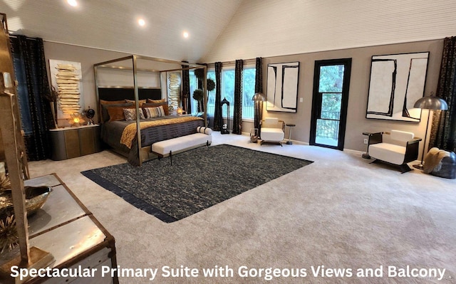 carpeted bedroom featuring high vaulted ceiling