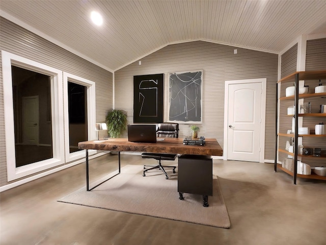 office space with ornamental molding and lofted ceiling