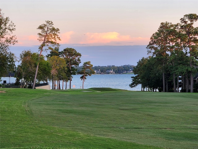 view of property's community featuring a water view and a yard