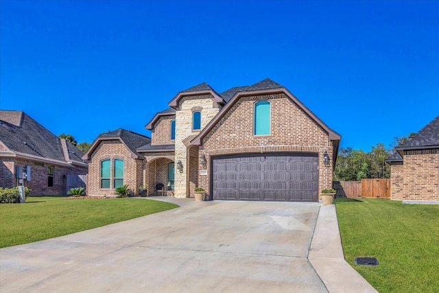 french country inspired facade with a garage and a front lawn