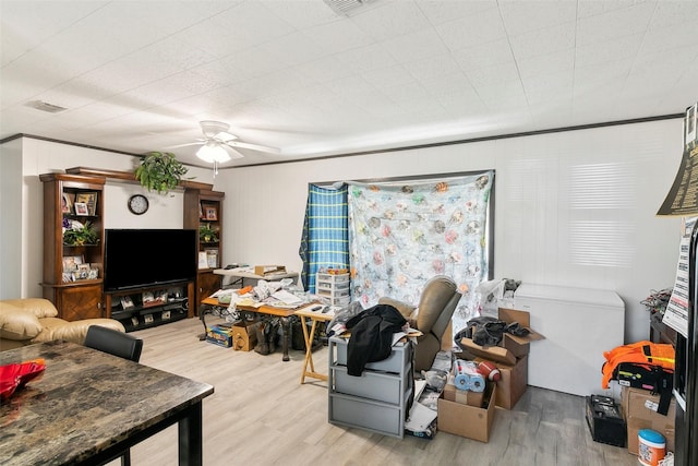 living room with light wood-type flooring and ceiling fan