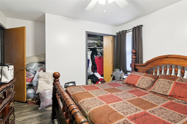 bedroom featuring ceiling fan, a closet, and dark wood-type flooring