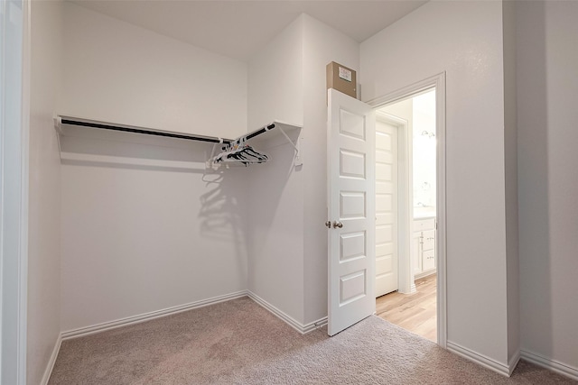 walk in closet featuring light carpet