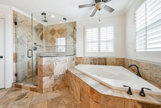 bathroom with crown molding, ceiling fan, and independent shower and bath