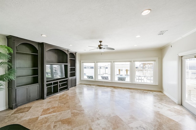 unfurnished living room with a textured ceiling, ceiling fan, and crown molding