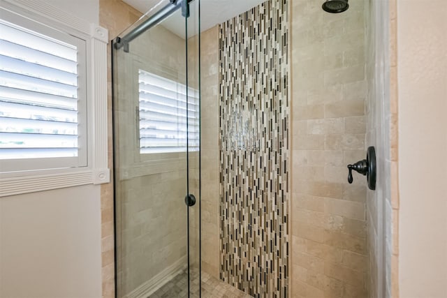 bathroom featuring a shower with shower door