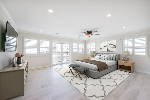 bedroom featuring ceiling fan, crown molding, access to outside, and multiple windows