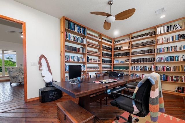 office featuring ceiling fan and dark wood-type flooring