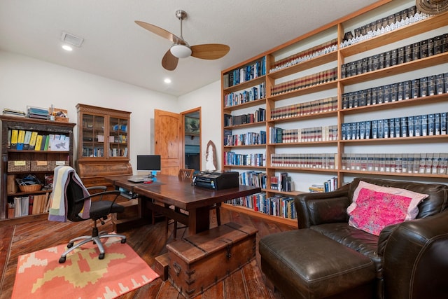 office space with hardwood / wood-style floors and ceiling fan