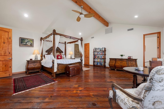 bedroom featuring vaulted ceiling with beams, ceiling fan, and dark wood-type flooring