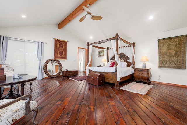 bedroom with vaulted ceiling with beams, ceiling fan, and dark hardwood / wood-style floors