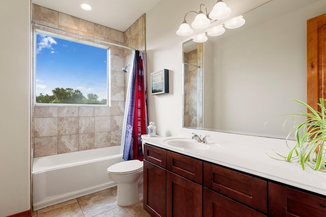 full bathroom with shower / tub combo, vanity, an inviting chandelier, and toilet