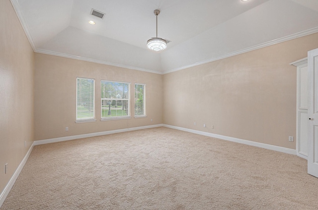 carpeted spare room with vaulted ceiling, a raised ceiling, and crown molding