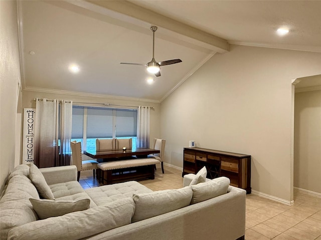 tiled living room featuring vaulted ceiling with beams, ceiling fan, and a water view