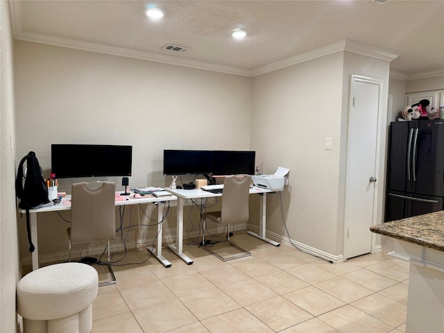 tiled office featuring ornamental molding