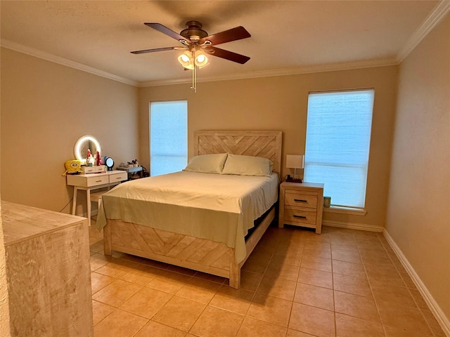 bedroom with light tile patterned floors, ceiling fan, and crown molding