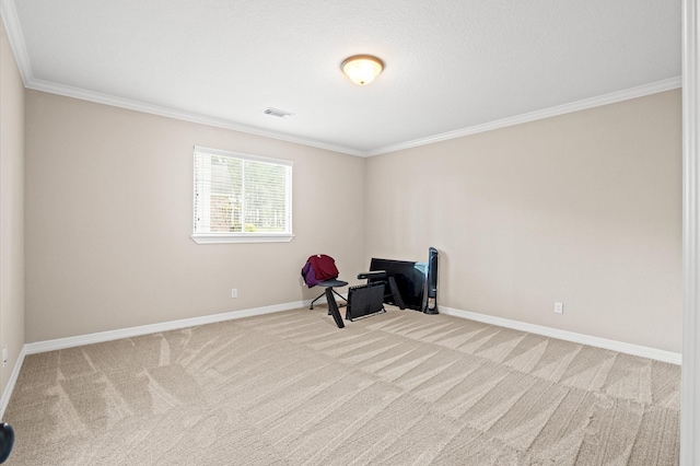 interior space with ornamental molding and light carpet