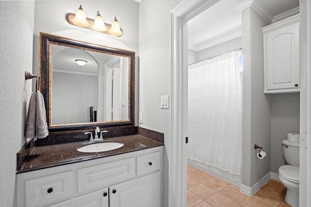 full bathroom featuring vanity, tile patterned floors, toilet, ornamental molding, and shower / tub combo with curtain