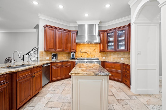 kitchen with light stone countertops, stove, wall chimney exhaust hood, sink, and dishwasher