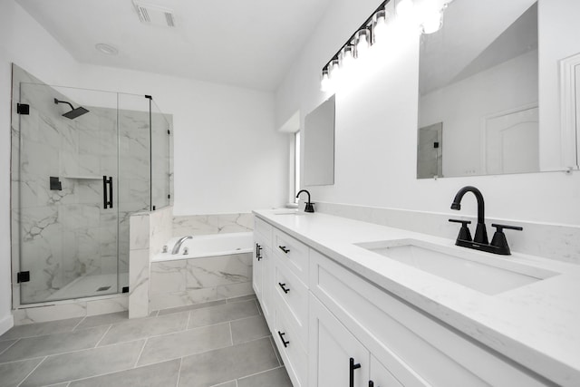 bathroom with tile patterned flooring, vanity, separate shower and tub, and electric panel