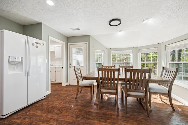 dining space with a textured ceiling, vaulted ceiling, plenty of natural light, and dark wood-type flooring