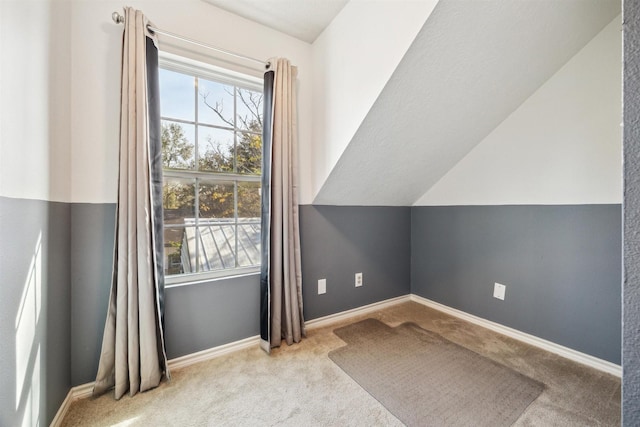 additional living space featuring light carpet, vaulted ceiling, and a wealth of natural light