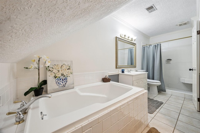 full bathroom with ornamental molding, a textured ceiling, vanity, tile patterned flooring, and shower with separate bathtub