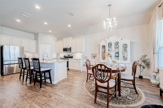 kitchen featuring backsplash, stainless steel appliances, pendant lighting, white cabinets, and an island with sink