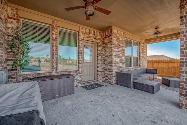 view of patio featuring ceiling fan and an outdoor hangout area