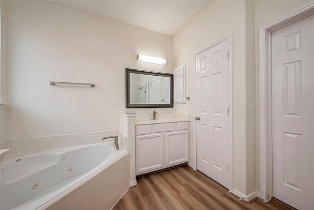 bathroom with a washtub, vanity, and hardwood / wood-style flooring